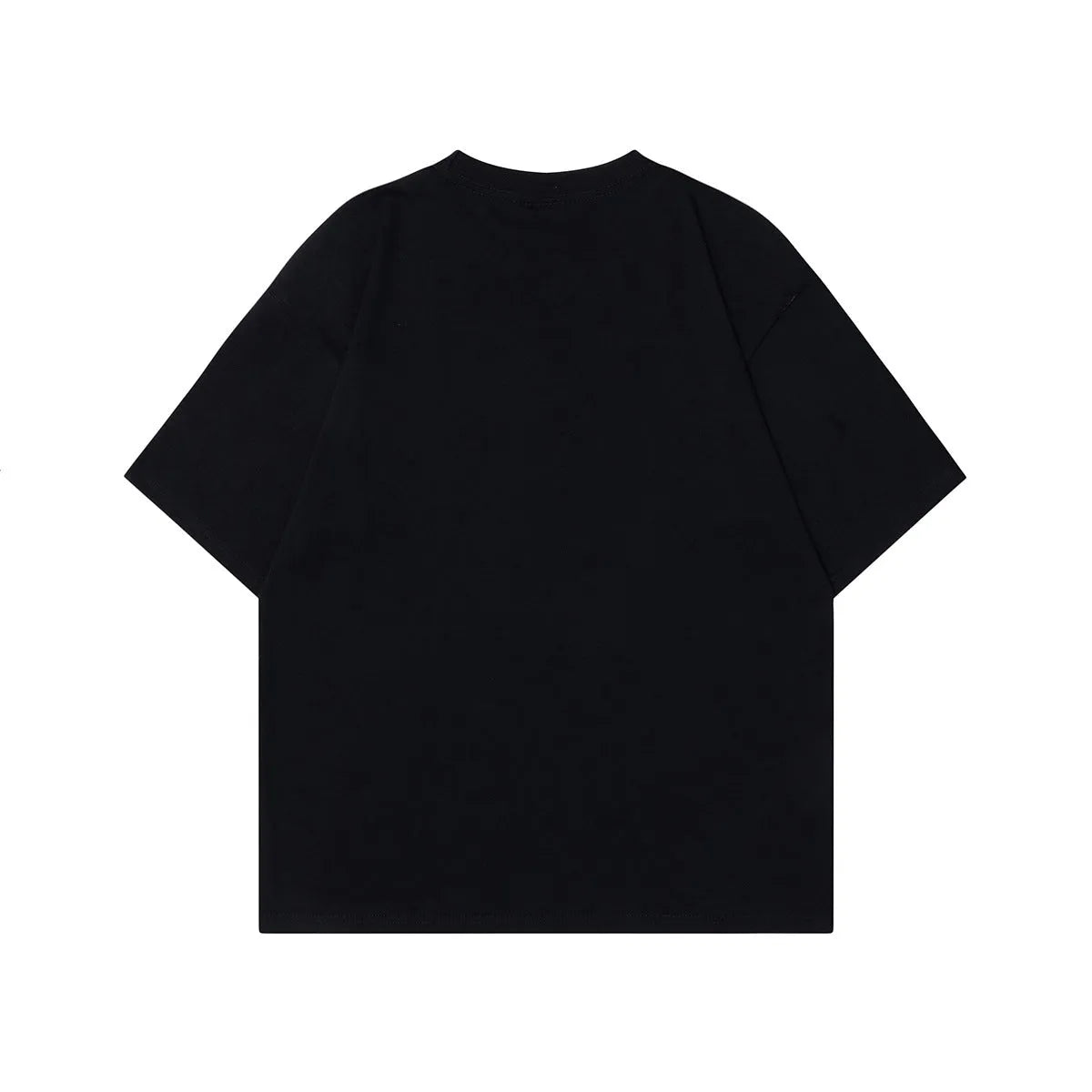 Men's black and grey retro character design short-sleeved cotton T-shirt shown in loose fit.