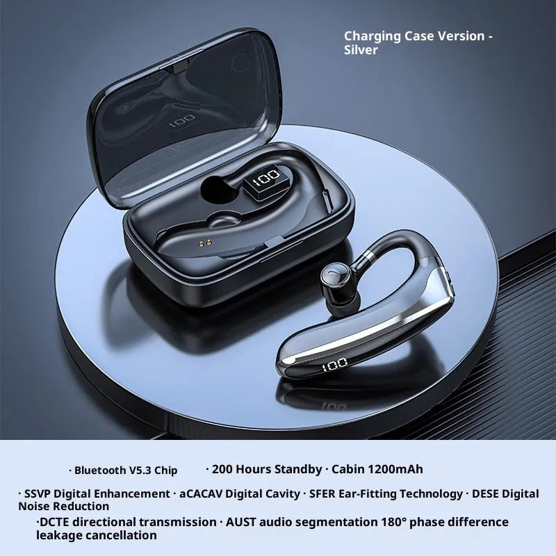 High-gloss black single-ear bone conduction sports Bluetooth headset with digital display and breathing light