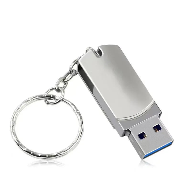 White metal rotating USB flash drive showing compact 34mm size with connector exposed