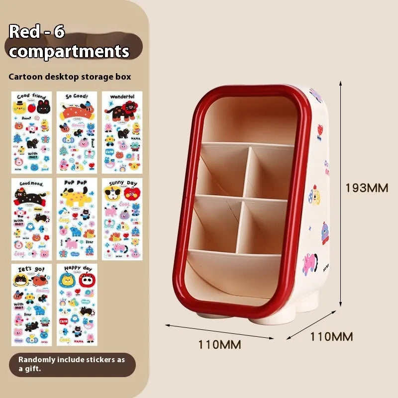 Red and brown cartoon sticker designs on a plastic desktop storage box with grid organiser compartments.