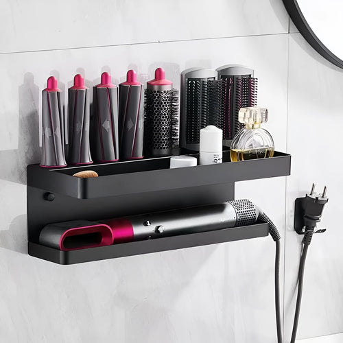 White double-layer aluminium bathroom storage rack holding hair curlers with punch-free mounting