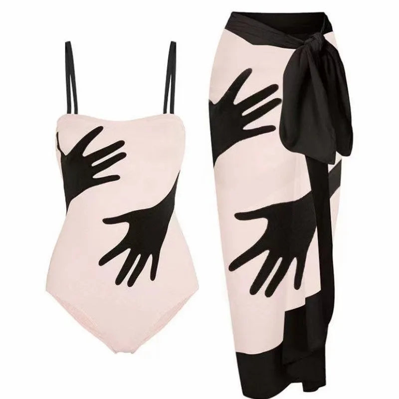 Women's patterned polyester bikini and tulle skirt two-piece swimsuit set