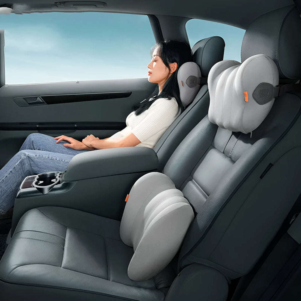 Grey and orange head restraint and waist pillow set for suspension bin car driver comfort
