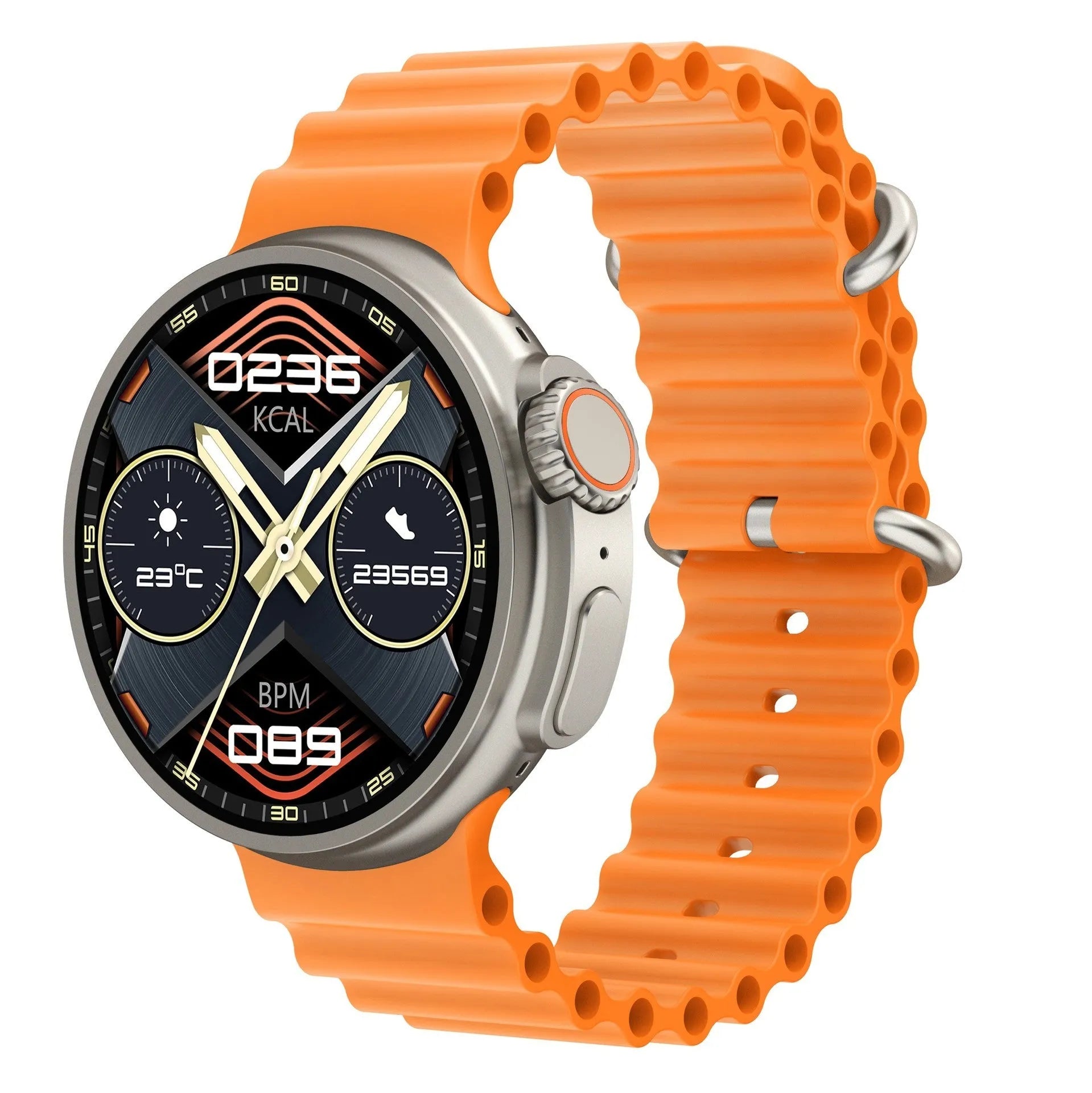 K9 smart watch with round screen on silicone strap, showing NFC and health tracking interface