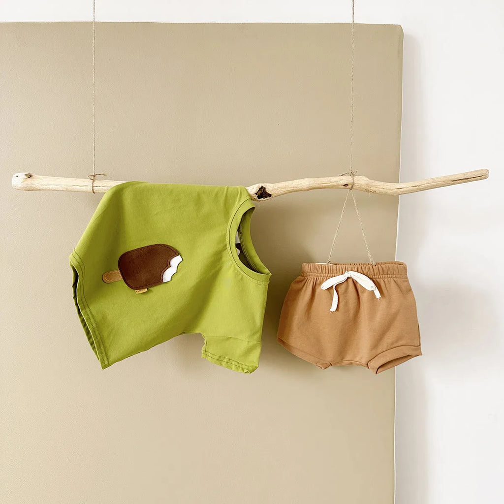 Girls' cotton casual round neck ice cream patch short sleeve shorts suit in Olive, Apricot, and White for summer