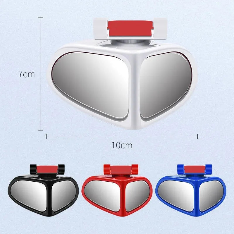 Adjustable wide-angle car reversing mirror in black, shown with adhesive backing.
