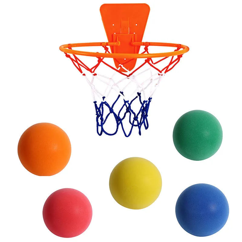Silent foam indoor basketball in assorted colours with basketball frame