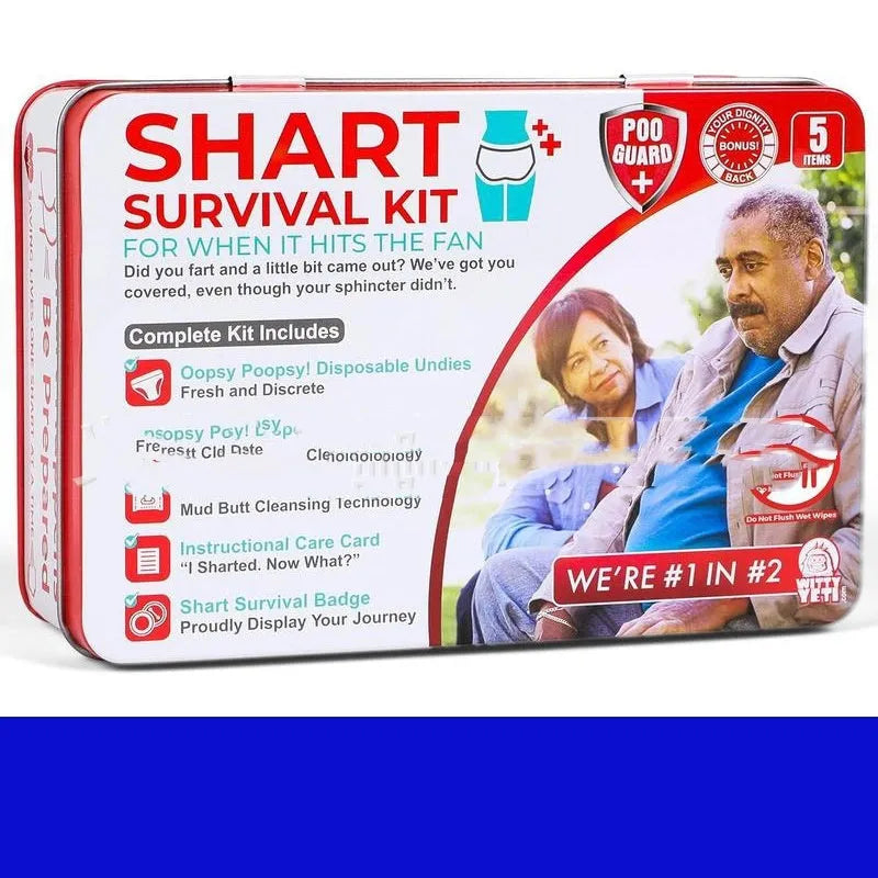 Poop Gift Set Survival Kit with wet wipes, dry wipes, disposable underwear, badge, and instruction card in an aircraft box.