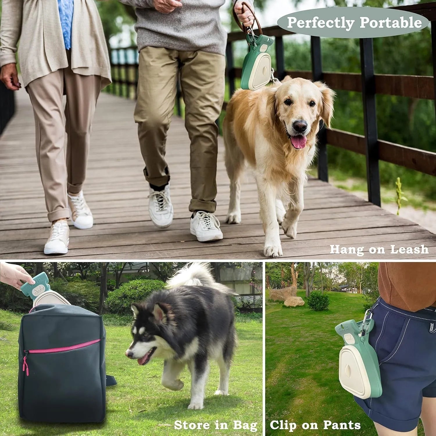Portable handheld dog pooper scooper with carabiner clip and waste bag compartment, shown in blue, green, grey, or yellow.