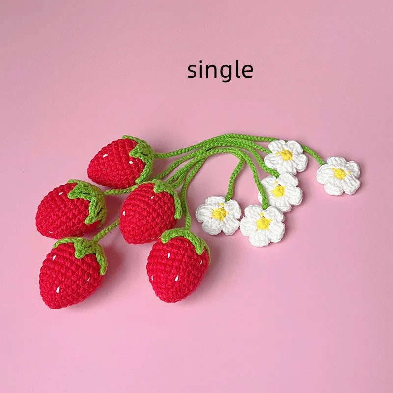 Wool crochet strawberry pendant necklace measuring 35cm with pink or red charm option