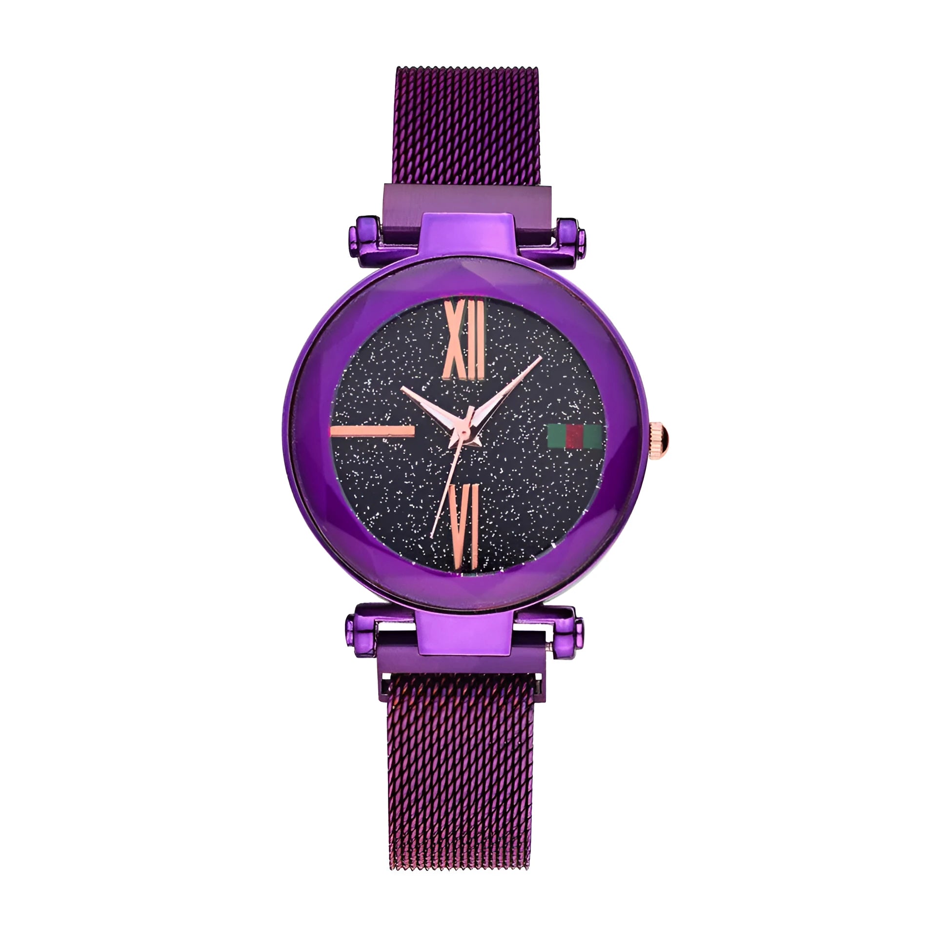 Ladies wristwatch with magnet fastening strap on wrist, showing 32mm round dial and alloy case.