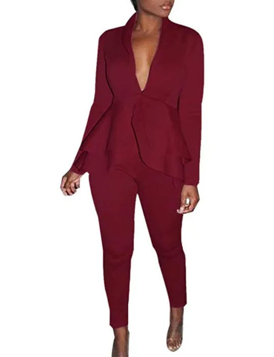 Women's ruffled business suit with pencil pants in polyester fabric, available in eight colours