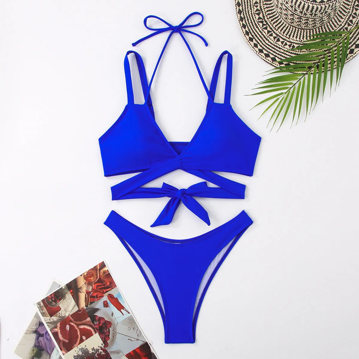 Women's solid colour strap bikini swimsuit in brief style on a hanger.