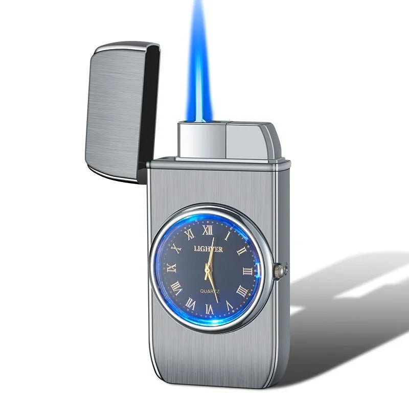 Electronic watch cigarette lighter with LED flashing lamp in metal body showing multiple colour finish options