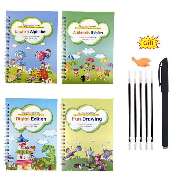 Four magic stylus clean writing practice books with slot design in white, grey and black colours