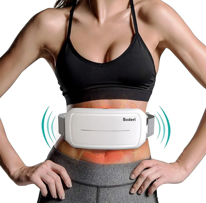 White Tummy Machine abdominal toning belt with EMS electrodes and wireless remote control