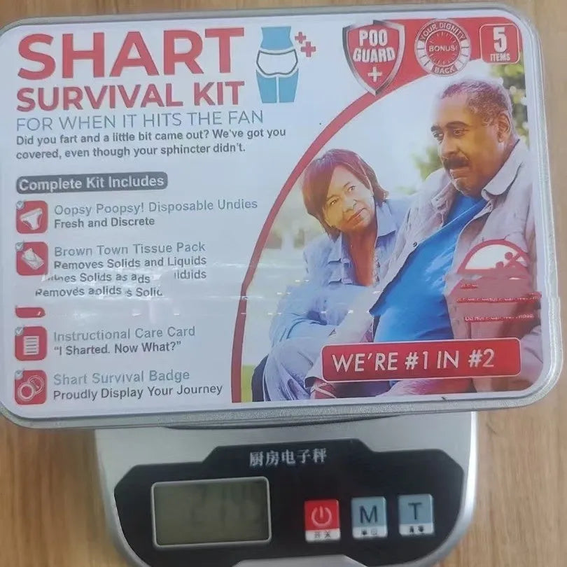 Poop Gift Set Survival Kit with wet wipes, dry wipes, disposable underwear, badge, and instruction card in an aircraft box.