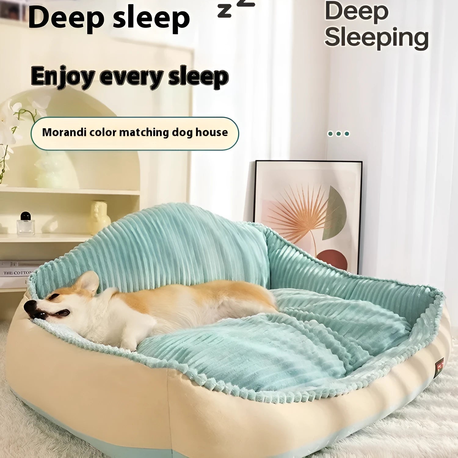 Morandi colour kennel-style pet bed with removable washable cover, shown in M and L sizes.