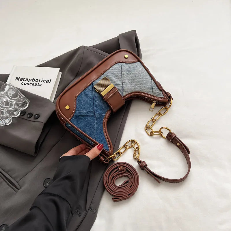 Brown denim women's shoulder bag with diamond mesh overlay and chain detailing