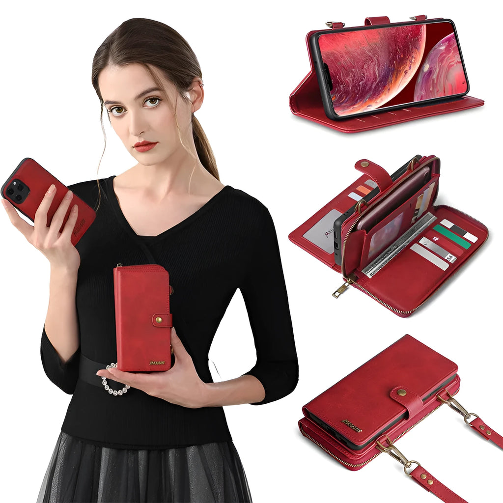 Detachable magnetic wallet phone case in PC leather for iPhone and Samsung phones