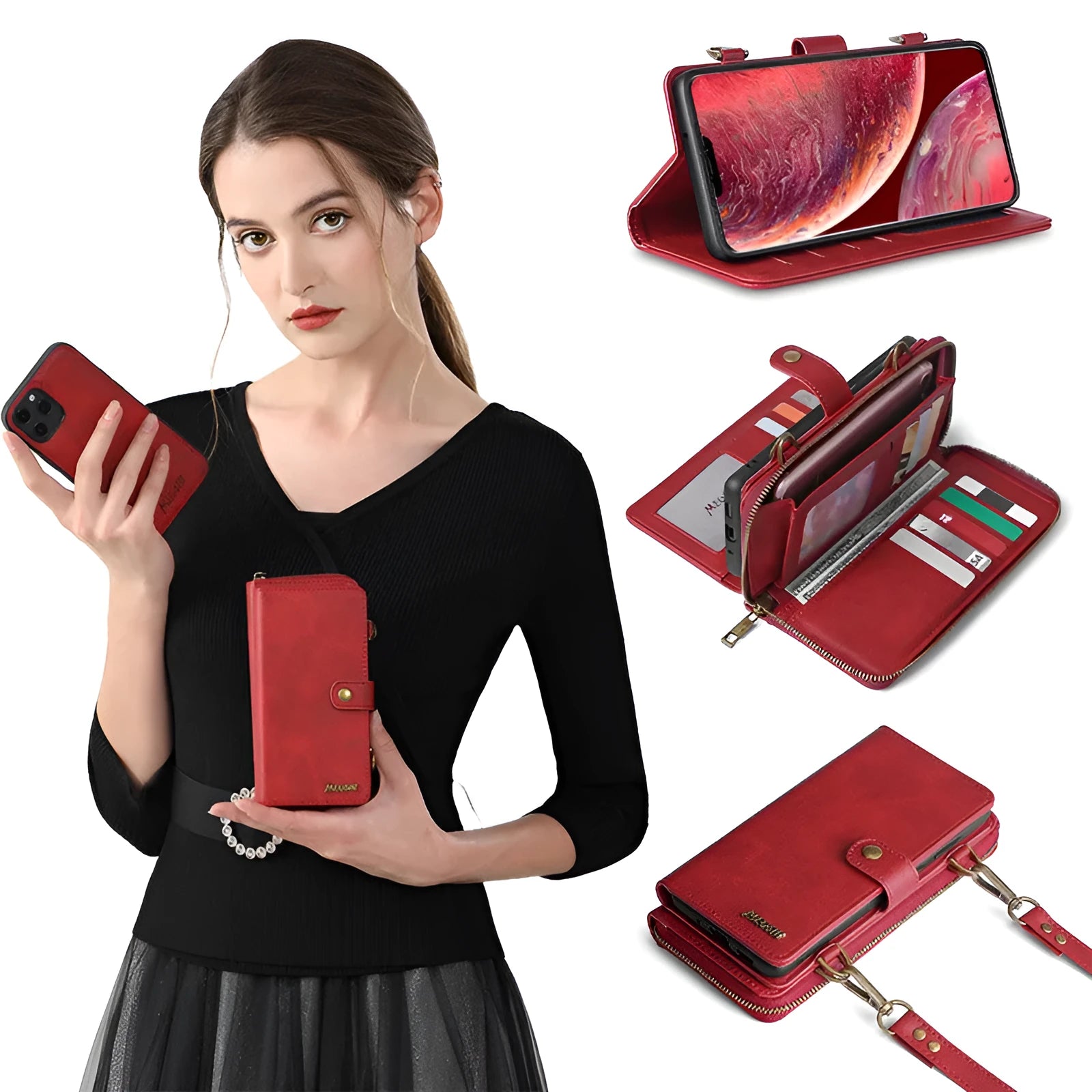 Detachable magnetic wallet phone case in PC leather for iPhone and Samsung phones