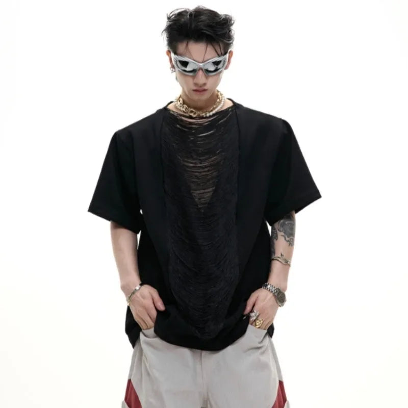 Men's black hollow out V-neck loose fit T-shirt with short sleeves and tassel detailing