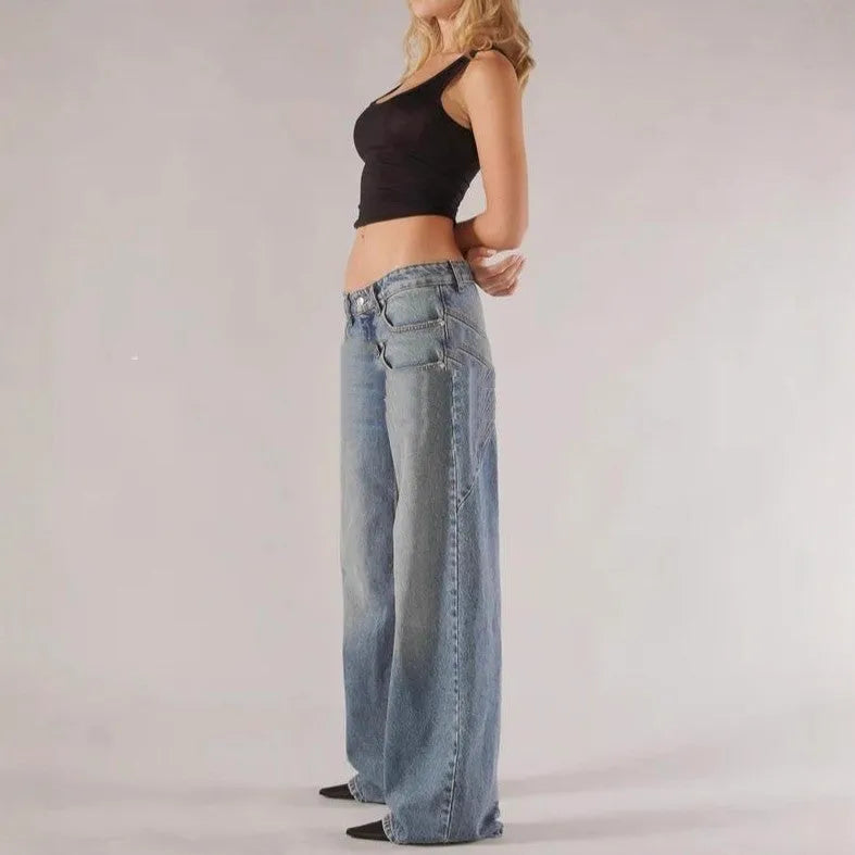 Cotton loose straight wide leg mop trousers in low waist design showing splicing and stitching details