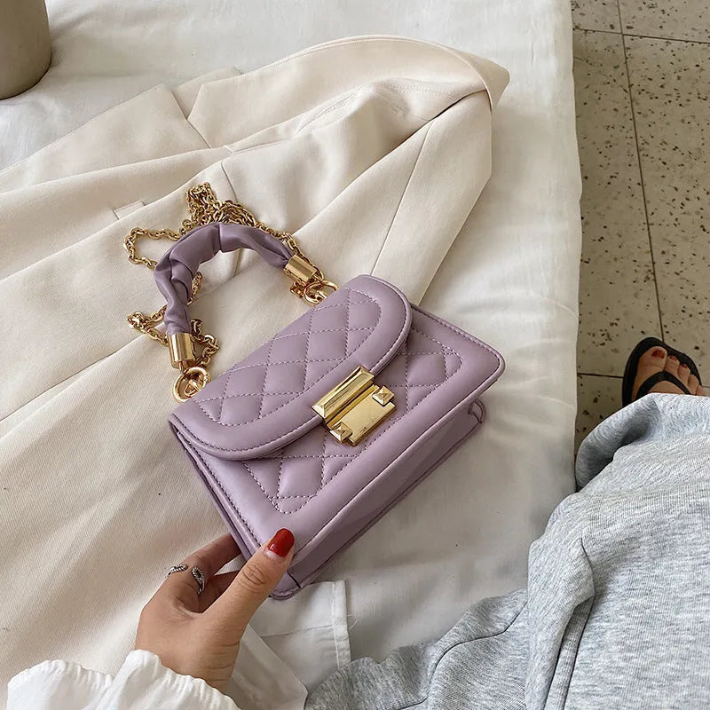 Rhombus shaped women's shoulder bag in soft PU fabric with 112cm strap in purple, black or beige