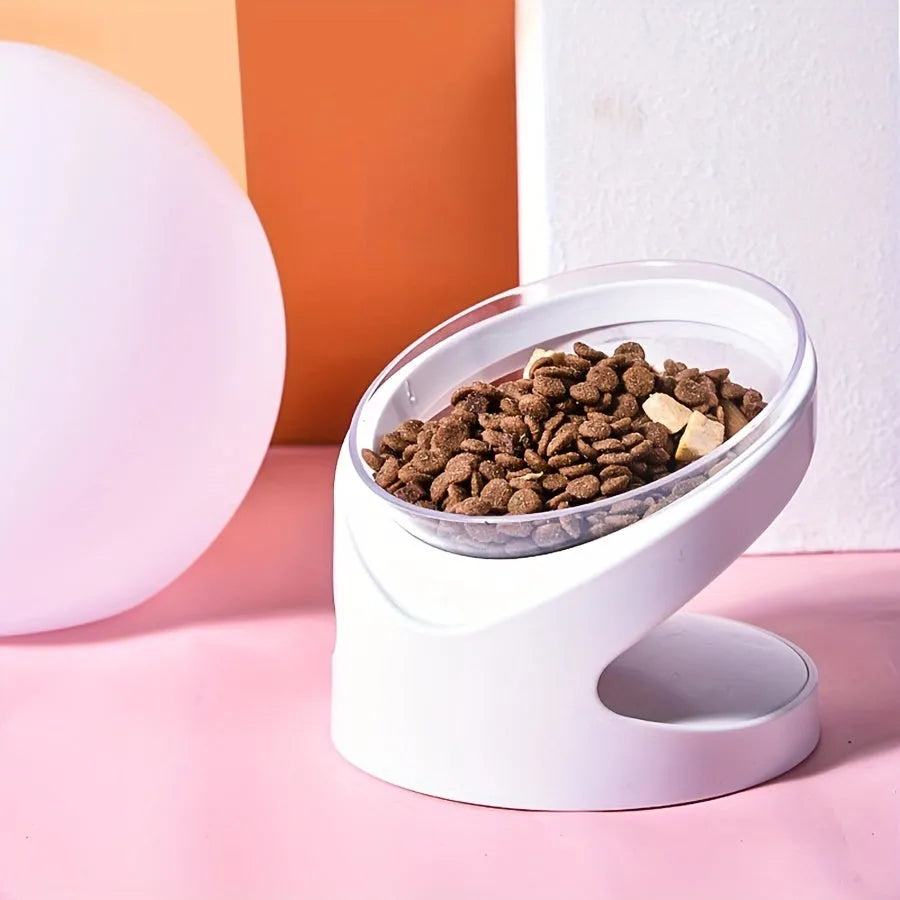 Clear white elevated cat food bowl with ergonomic tilt design for neck support
