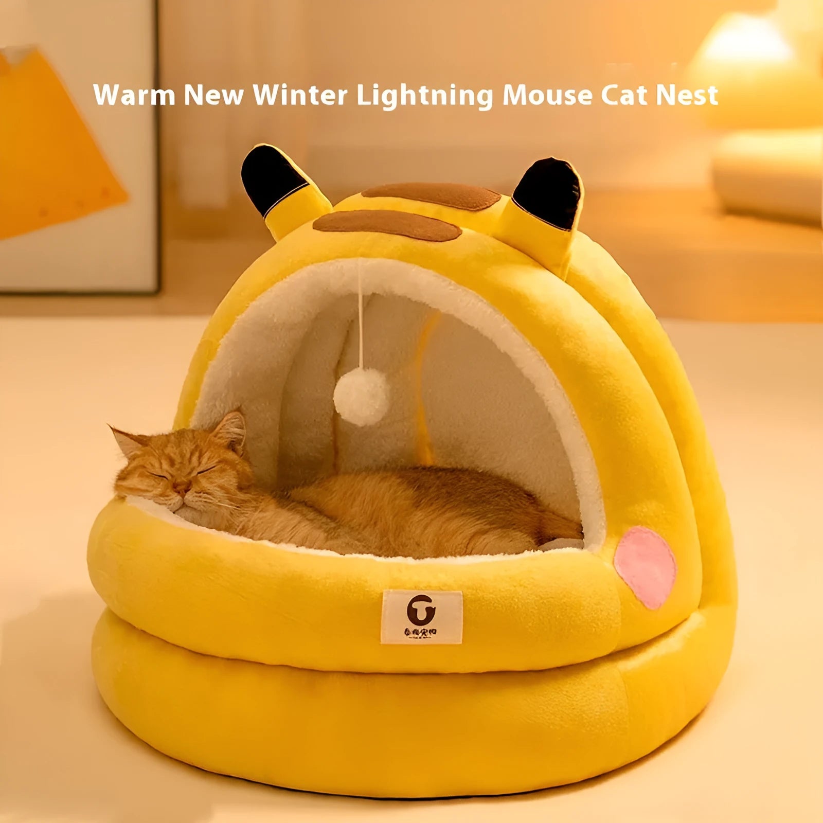 Cat nest four seasons winter warm closed bed with three-layer fleece lining in lightning mouse style for small and large cats