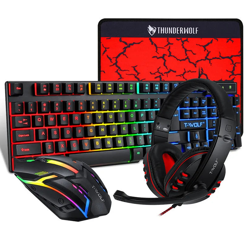 Wired gaming keyboard and mouse set with RGB lighting, headset, and large mouse pad