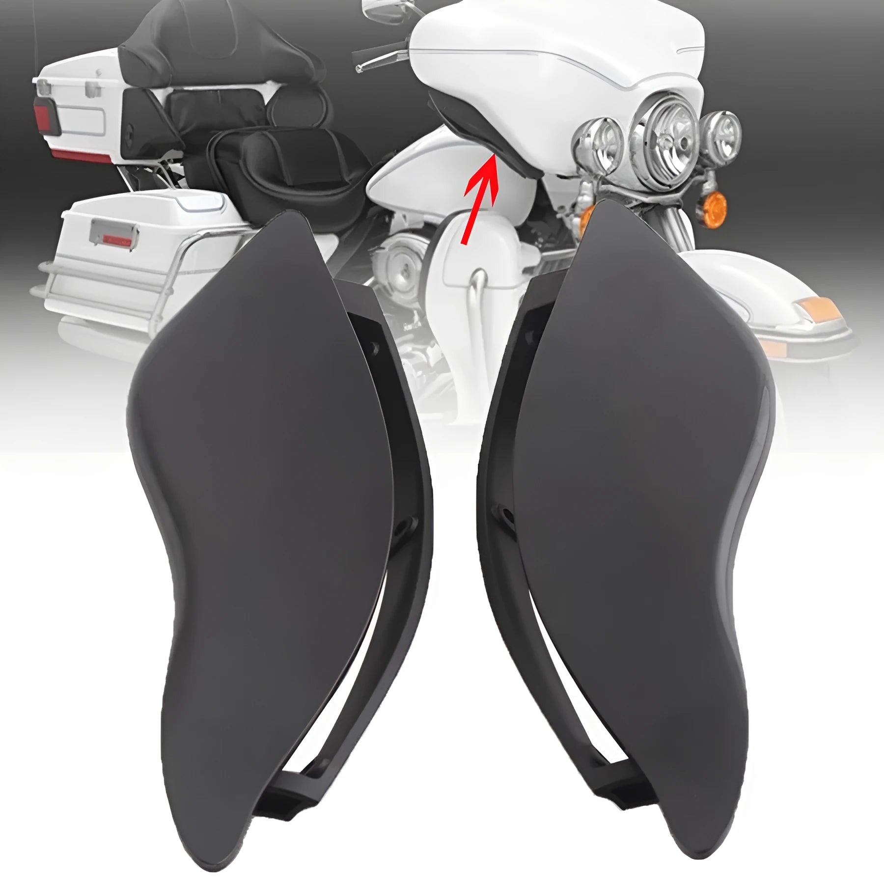 Pair of smoked ABS plastic windshield side wings for a Harley three-wheel glide motorcycle.