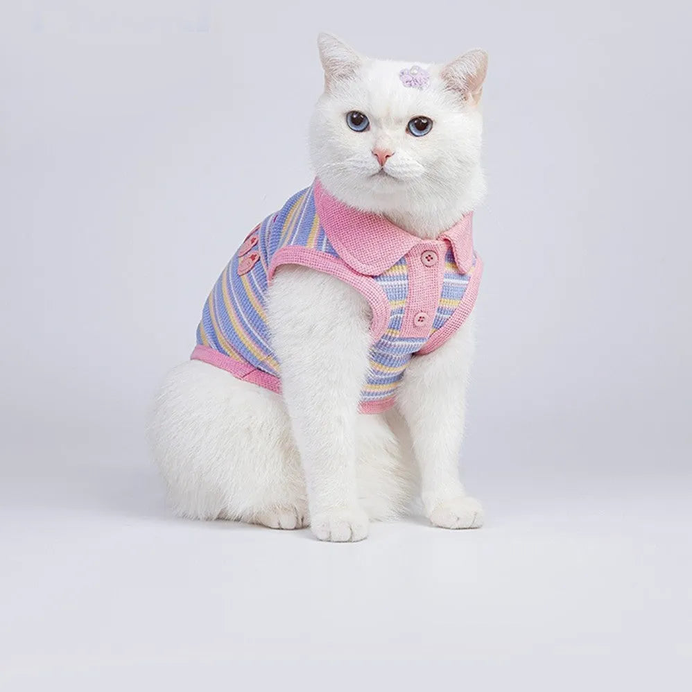 Pink purple vest for a small dog, showing the autumn pet clothing on a mannequin or model.