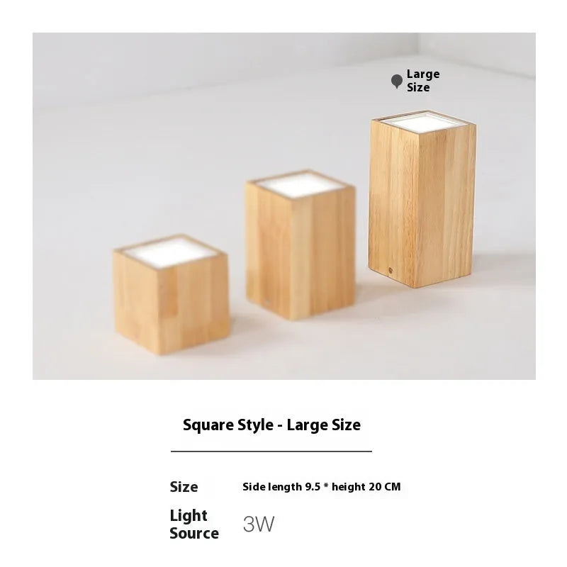 Modern solid wood surface mounted downlight in wood colour, shown in round and square designs for corridor or entrance ceilings.