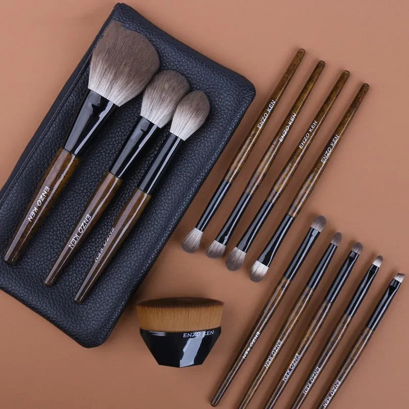 12-piece makeup brush set with wooden handles in portable PU carrying case