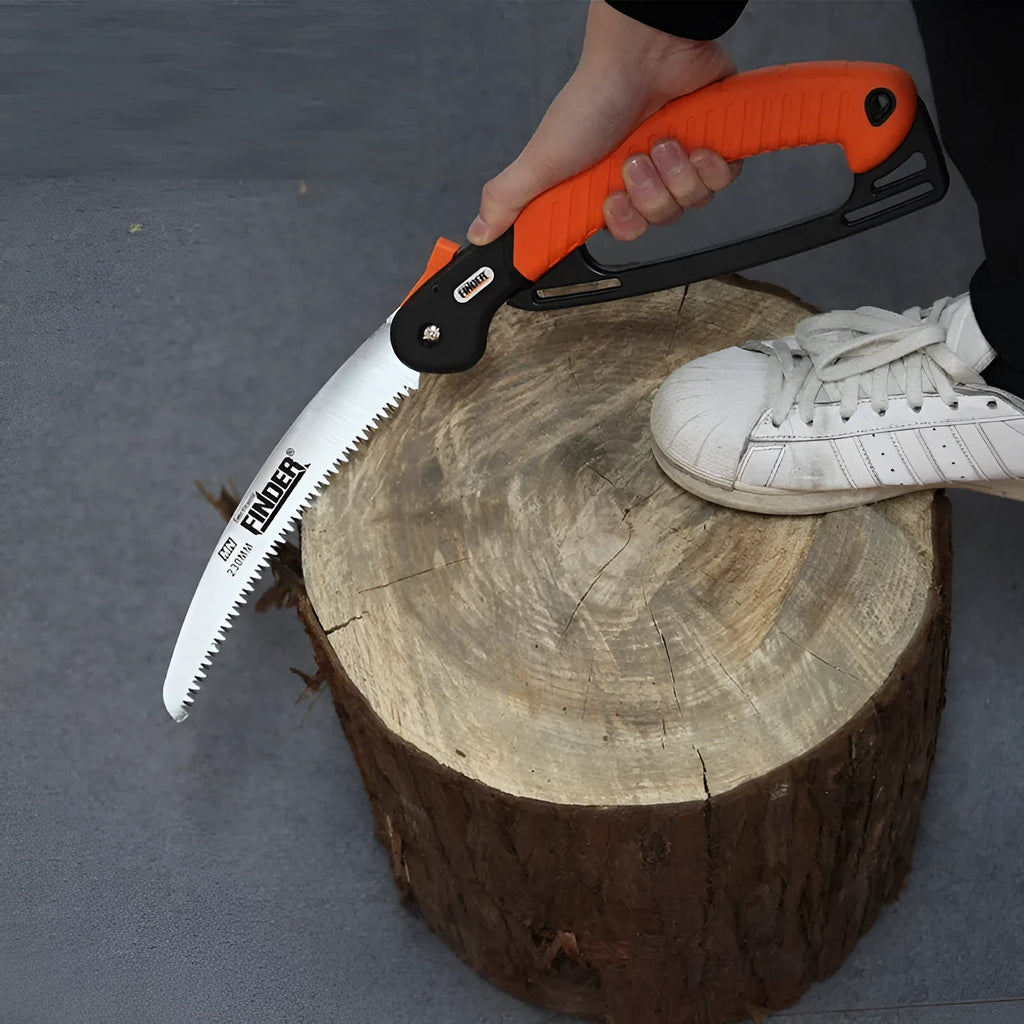 Folding garden saw with extended 230mm blade showing teeth detail and TPR grip handle