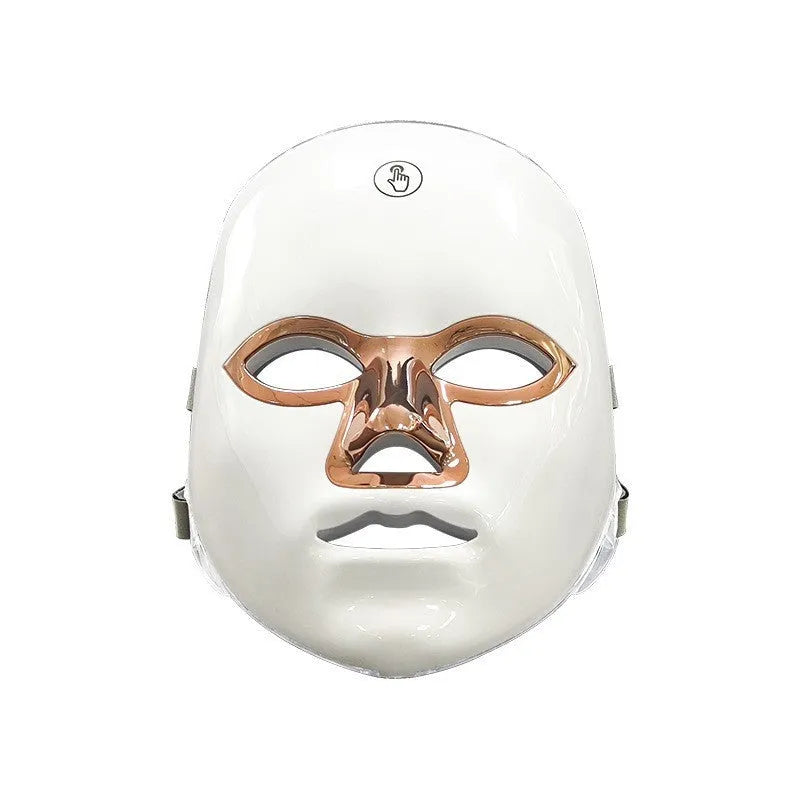 Rechargeable manual touch LED beauty mask for facial skincare in black, white, and rose gold.