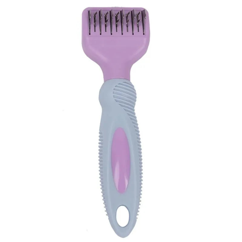 Pink dual-ended pet grooming brush with stainless steel knot knife and massage pins on a white background