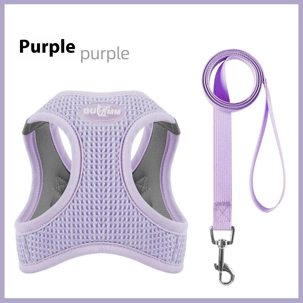 Brown waffle weave cloth pet harness on small dog showing chest strap and hand-held rope