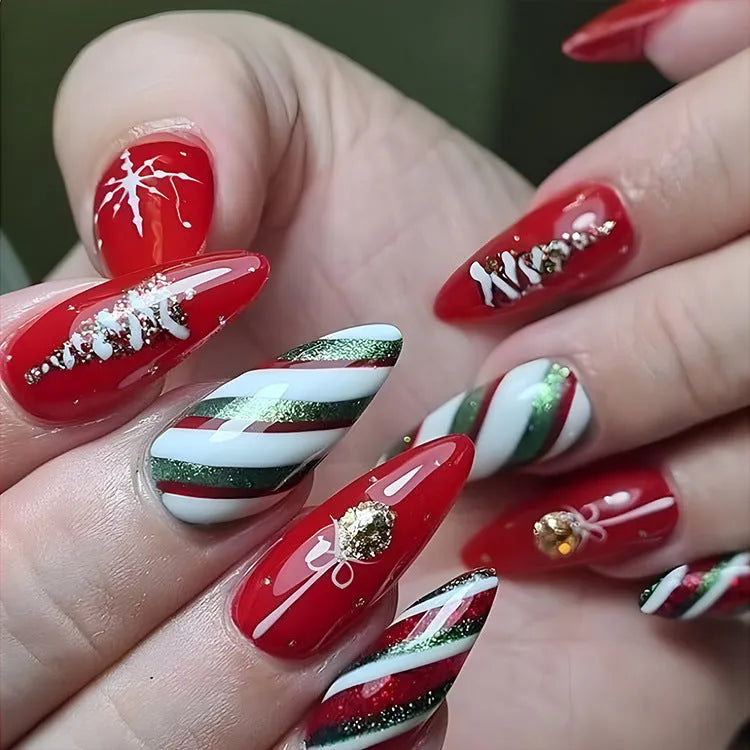 24pcs Christmas false nails with hat striped snowflake nail art stickers, eight colour options, full set