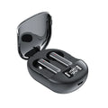 Black wireless Bluetooth in-ear headphones with digital display screen next to charging case