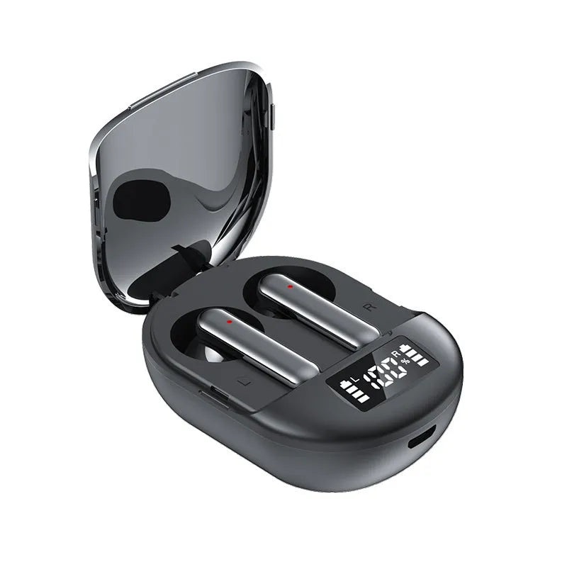 Black wireless Bluetooth in-ear headphones with digital display screen next to charging case