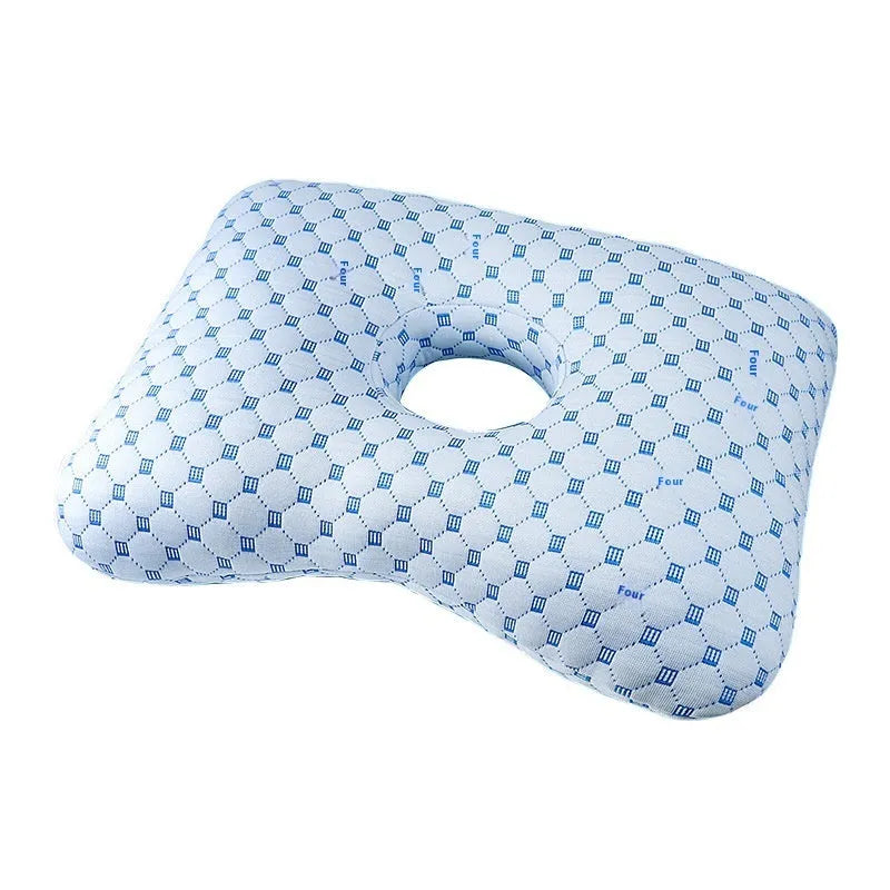 Single-hole ear pillow in plaid grey with detachable cover, shown with dimensions 39cm by 28cm.