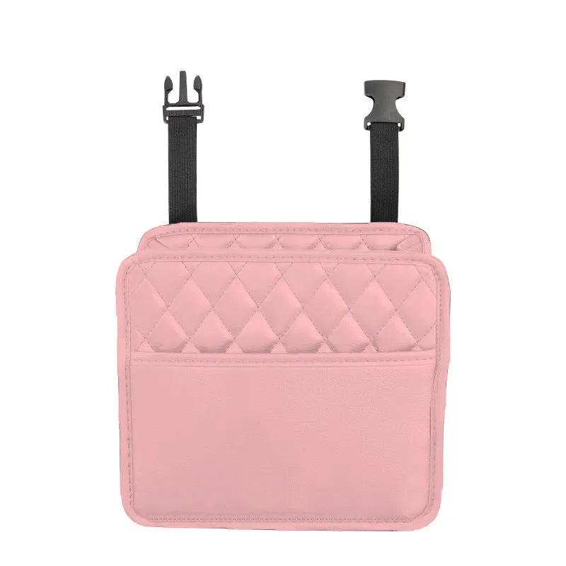 Black leather hanging storage bag for car interior, shown with dimensions 25cm by 25cm.
