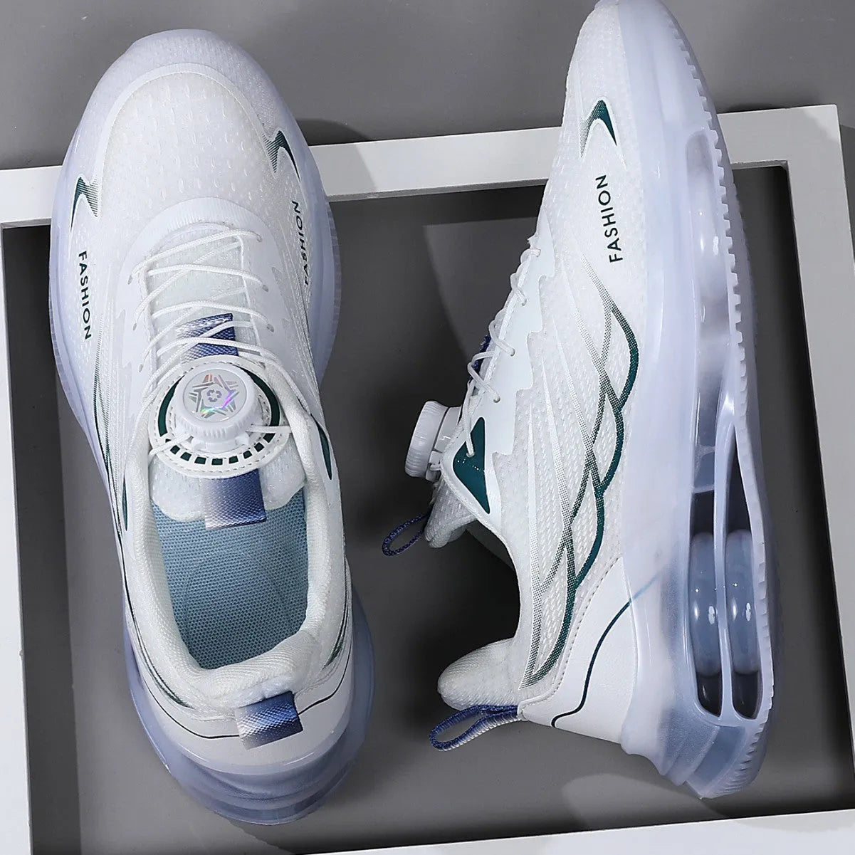 White mesh casual running shoes with rubber sole and lace-up front