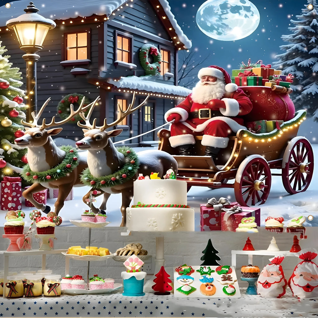 Red Christmas banner with Santa Claus design measuring 210 x 150 cm