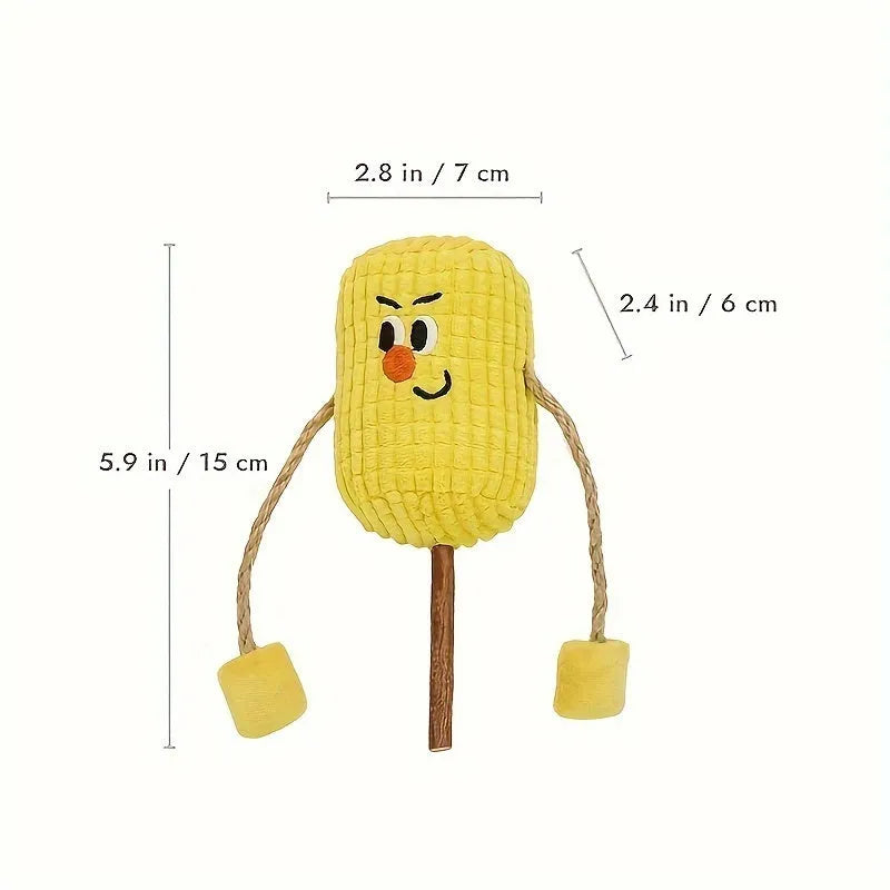 Natural polio wood corn cob shaped cat dental toy with catnip, showing dimensions of 7cm by 6cm by 15cm