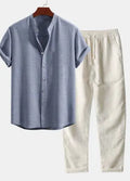 Green printed floral men's slim fit cardigan shirt and matching trousers casual suit set.