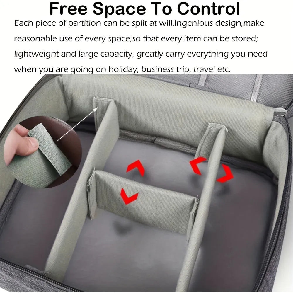 Black or grey waterproof travel cable organiser bag open to show mesh pockets and removable padded dividers.