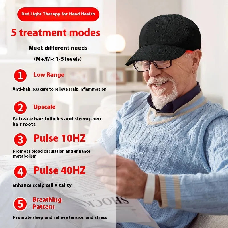 Black infrared duckbill hair growth cap with red LED lights and separate controller on table